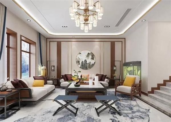 別墅客廳燈具照明設(shè)計(jì)一站式定制 鐵藝布罩三層新中式吊燈廠家